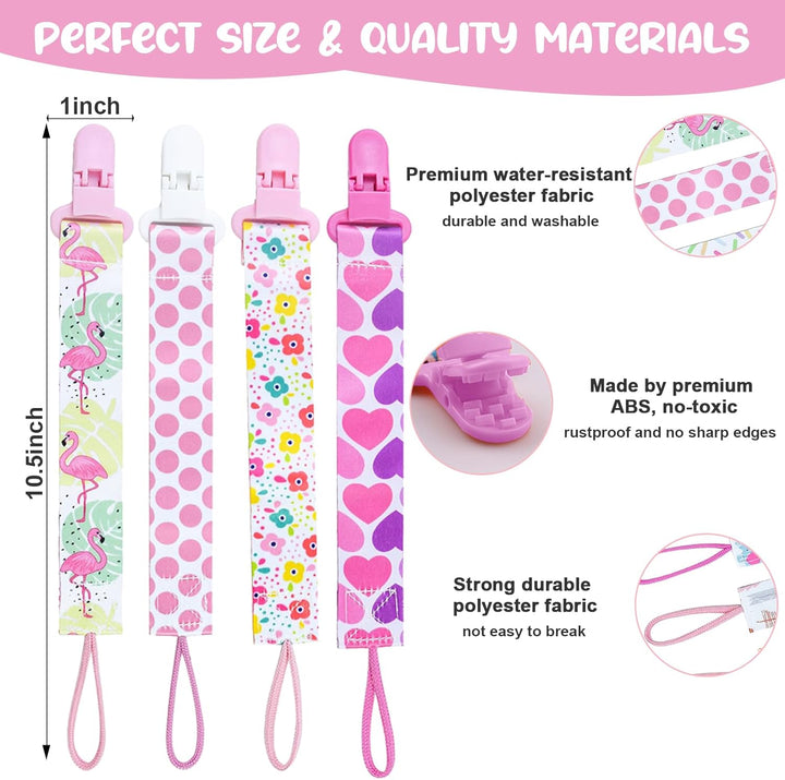 8Pcs Dummy Clip Girls, Baby Pacifier Clips Soother Clip Chains Dummy Strap Silicone Ring Adapter for All Dummies Soothers Teething Toys Newborn Essentials