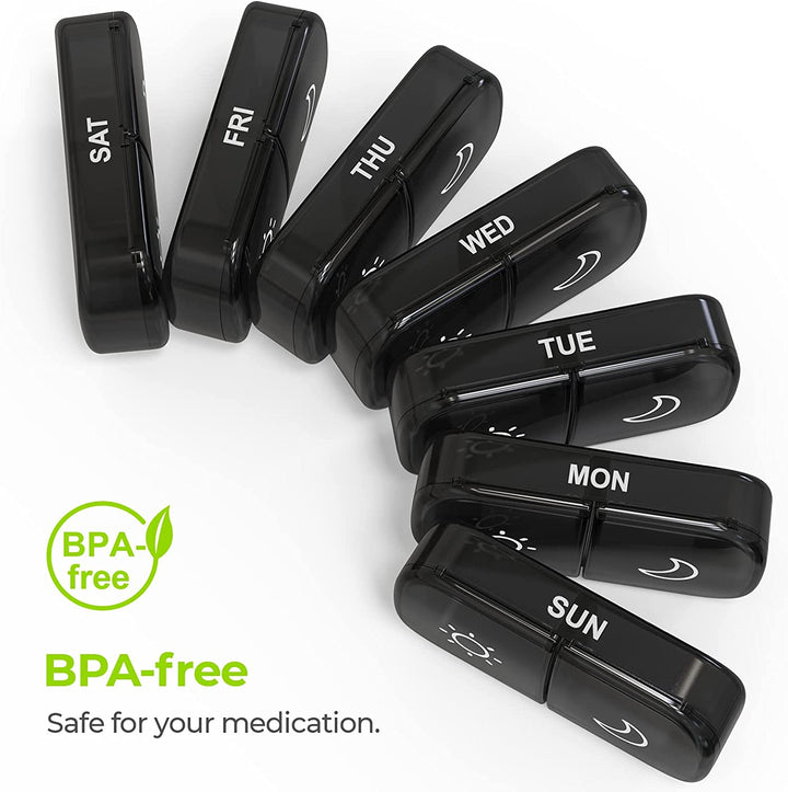 Pill Box Organiser, XL Weekly Pill Box 7 Day 2 Times a Day with One-Side Large Opening Design for Easy Filling, Tablet Organiser with Black Privacy Protection for Medication/Vitamins/Fish Oils