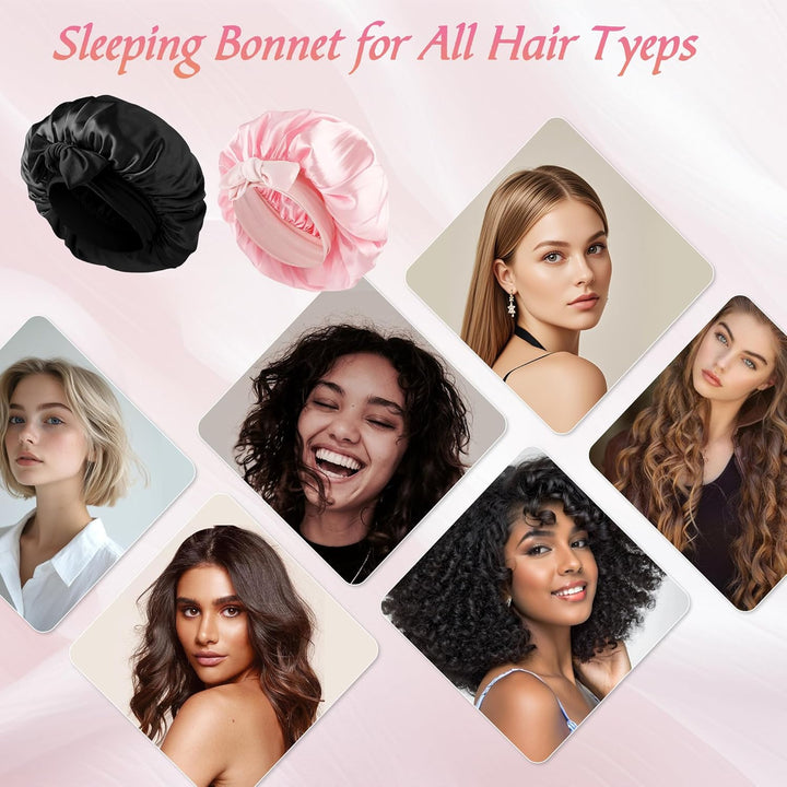 Pack of 2 Silk Caps for Sleeping with Hair Bobbles, Adjustable Satin Hair Cap, Silk with Elastic Waistband, Soft Sleep Cap, Women'S Hair Protection for the Night, Bonnet Sleep Cap, Long Hair