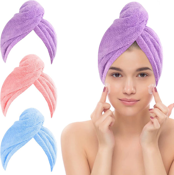 3 Pack Hair Towel Wrap, Microfibre Wrap Hair Towel with Button Super Quick Absorbent Anti-Frizz Fast Dry Hair Caps Twist Turban for Girls and Women and Best for Long, Wet, Thick Hair
