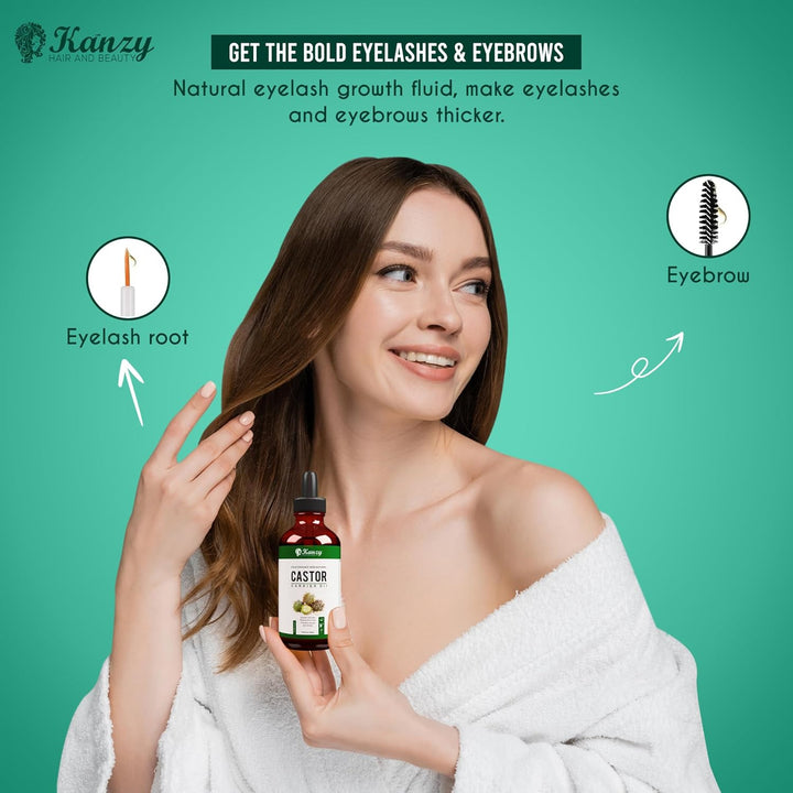Organic Castor Oil for Eyelashes and Eyebrow Growth 100Ml Cold Pressed Castor Oil for Hair Growth, Nails & Skin, 100% Natural Castor Oil - Glass Bottle + Pipette + Eyelash & Eyebrow Brush