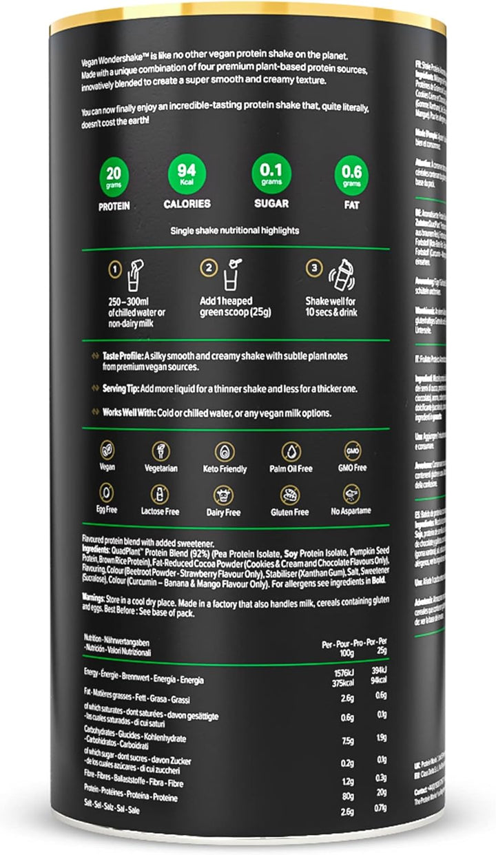 Protein Works - Vegan Wondershake, Multi-Award-Winning Vegan Protein Shake, Quadplant Protein Blend, Ultra Smooth & Creamy, Low Calorie, under 1G Fat & Sugar, 30 Servings, Vanilla Crème, 750G