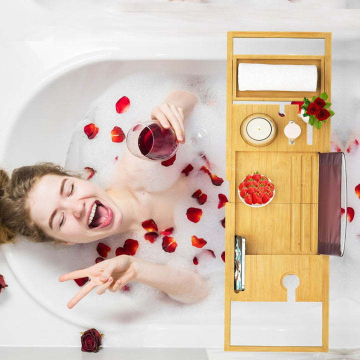 Bath Caddy Tray Expandable - Bath Trays for across the Bath - Bamboo Wooden, Fits Most Bath Tubs