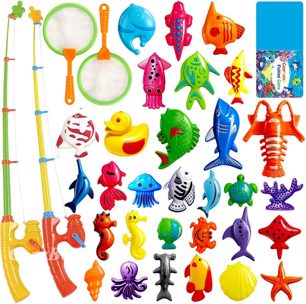 Magnetic Fishing Toys Game Set for Kids for Bath Time Pool Party with Pole Rod Net, Plastic Floating Fish - Toddler Education Teaching Christmas Birthday Gifts