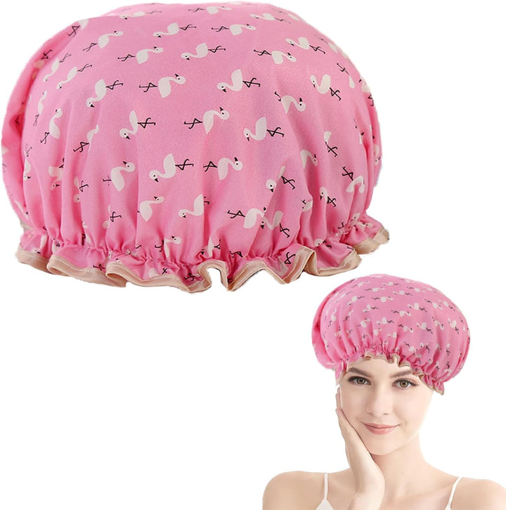 Double Layer Shower Cap for Women Waterproof Reusable Elastic Band, Ruffled Edges Covering Ears for Long, Short & Curly Hair (Blue Bird)