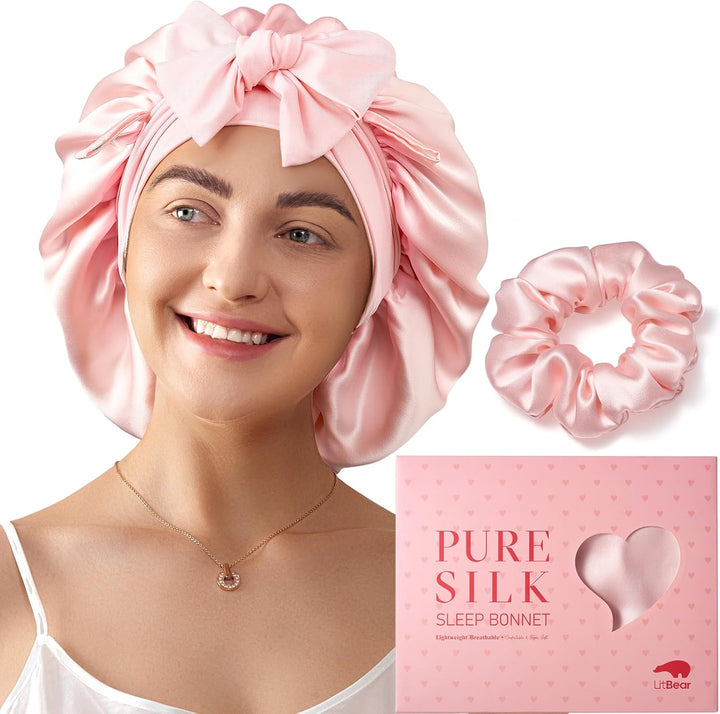 100% Mulberry Silk Bonnet for Sleeping Women, 22 Momme Double-Layered Grade-6A Silk Hair Bonnet for Sleeping, Hair Cap for Sleeping with Tie Band on Head, Includes Scrunchie(Pink)