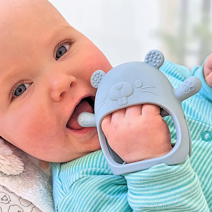 ® Teething Toys for Baby Gifts – Chipmunk Silicone Mitten Teether, Soothing Glove for Infants, Baby Toys 0-6 Months, Soft Chewable Teether Toy to Prevent Finger Sucking, CM Blue