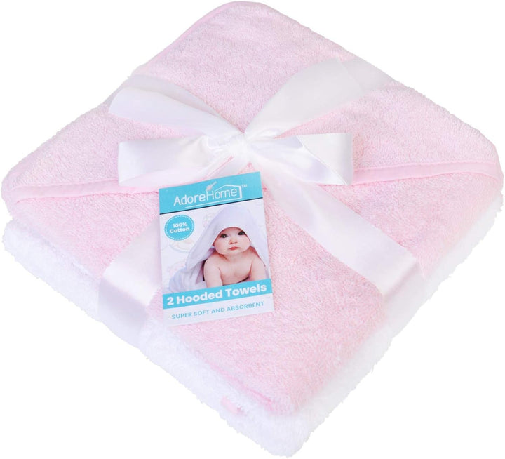 2 X Hooded Baby Towel Soft 100% Cotton Bath Wrap Pack of Two Towels, Pink & White