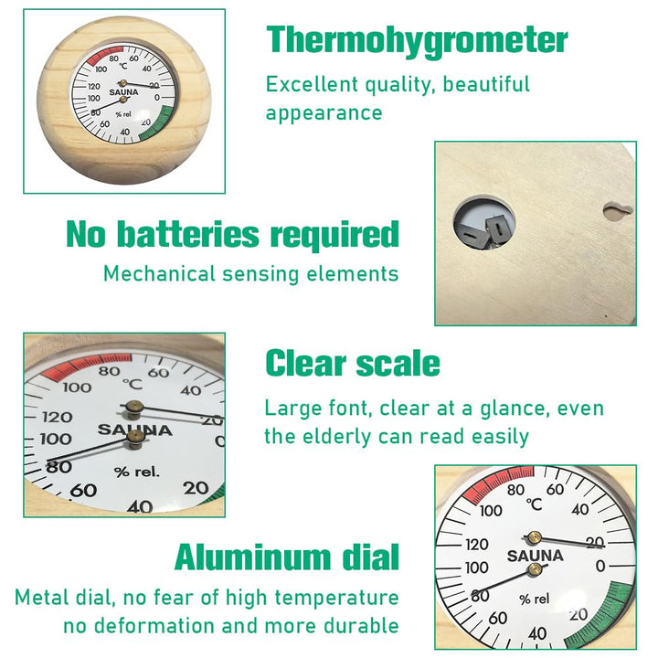 2 in 1 Sauna Thermometer Hygrometer, Wood Sauna Thermo-Hygrometer, 2 in 1 Wood Sauna Thermometer Hygrometer, Wooden High Accuracy Sauna Accessories for Sauna Room Steam Room