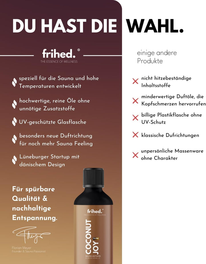 Frihed. Coconut Joy Sauna Infusion - Highly Concentrated Sauna Oil Coconut Vanilla - Exotic - Long-Lasting Fragrance - Glass Bottle - Made in Lüneburg