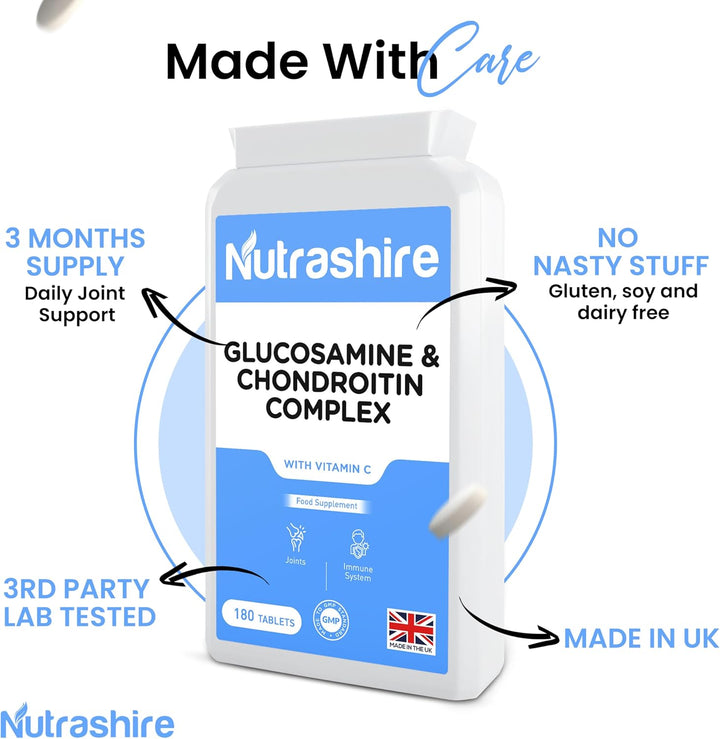 Glucosamine and Chondroitin High Strength Complex 180 Tablets - Vitamin C Joint Care Supplements for Cartilage, Bones, Fatigue & Immune Support – Made in the UK