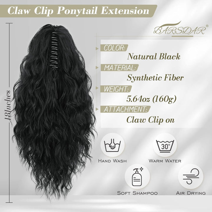 Ponytail Extension, Black Hair Claw Clip in Extensions Long Curly Wavy Hairpieces Drawstring for Natural Soft Synthetic Daily Use Party (18'', Black), 18 Inch