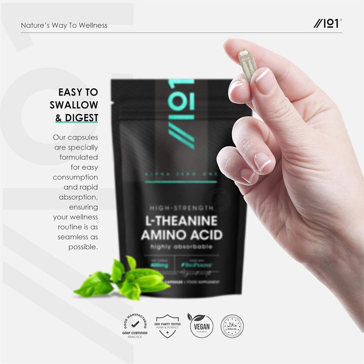 L-Theanine 400Mg with Bioperine - 120 Vegan Capsules - Highly Bioavailable - Resealable and Recyclable Pouch - 6 Months Supply by