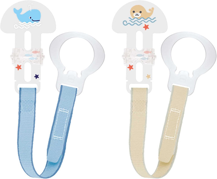 Dummy Clip | 2 Pack | Baby Soother Clips Fit All  Soothers | Adjustable Length and Lightweight Design | Baby Accessories | White with Blue Strap | Dummies Not Included