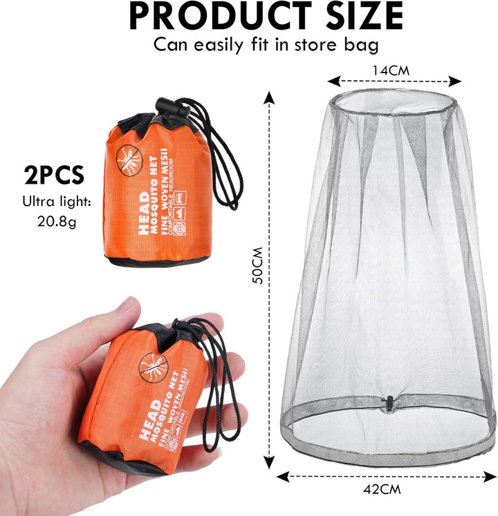 Midge Head Net, Mosquito Head Protecting Net with Storage Bag, Mosquito Head Net Face Mesh, Fine Mesh Insect Netting Cover for Outdoor, Hiking, Camping, Climbing, Walking, Fishing (Grey, 2PCS)