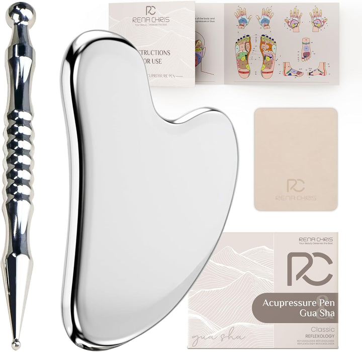 Stainless Steel Gua Sha and Acupuncture Pen, Manual Reflexology Tools for Muscle Tension and Pain Relief, Acupressure Pen and Gua Sha Set with Reflexology Chart, Easy to Use