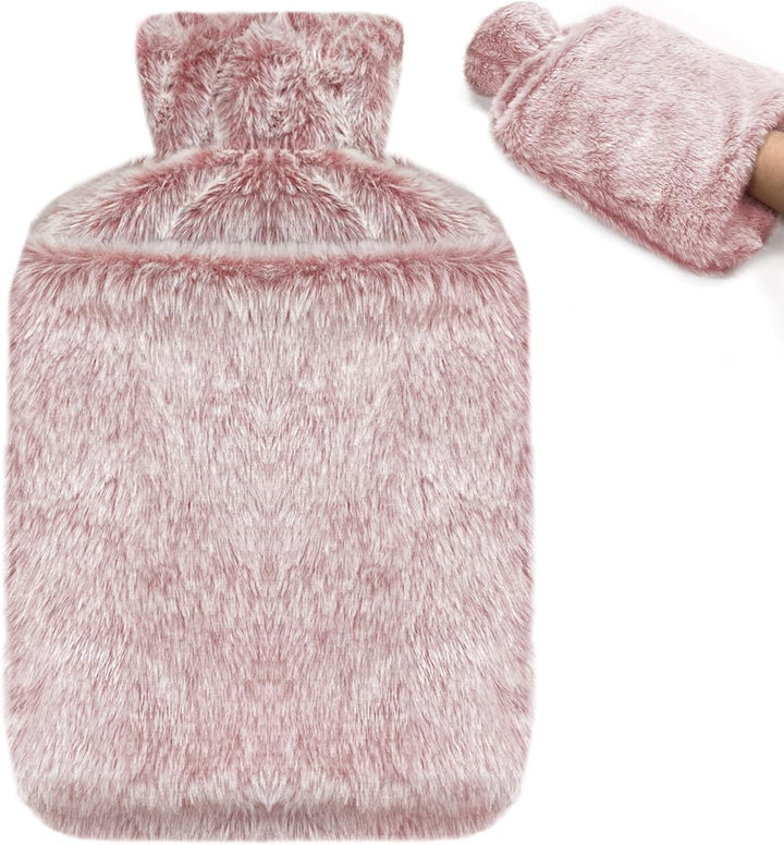 Hot Water Bottle with Luxury Cosy Faux Fur Cover UK, 2L Leakproof Hot Water Bag for Neck, Shoulder Pain and Hand Feet Warmer (Grey)