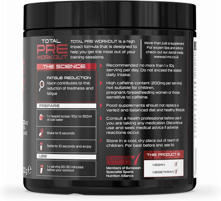 - Total Pre Workout - Blue Raspberry Flavour - 2500Mg Beta Alanine • 3000Mg Citrulline Malate • 200Mg Caffeine • Niacin for Fatigue - 200G