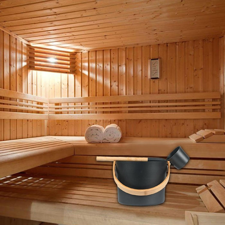 Sauna Bucket and Ladle Set - 7L Luxurious Finnish Sauna Aluminum Bucket with Long Handle Spoon Set, Portable Bucket with Long Handle Ladle Cedar, Matching Ladle Sauna Barrel Bath Accessories (Black)