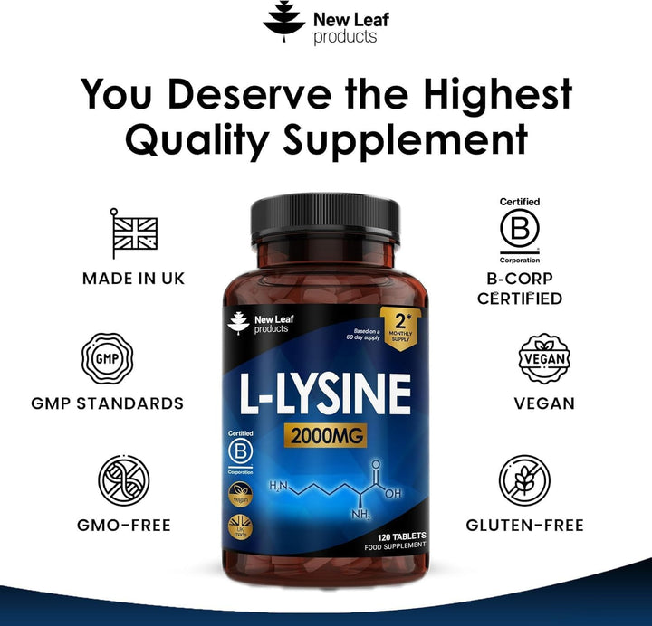 L-Lysine Tablets 2000Mg - High Strength Lysine Nutritional Supplements - Essential Amino Acid L Lysine - 120 Vegan Lysine Tablets 2 Month Supply Made in the UK by New Leaf