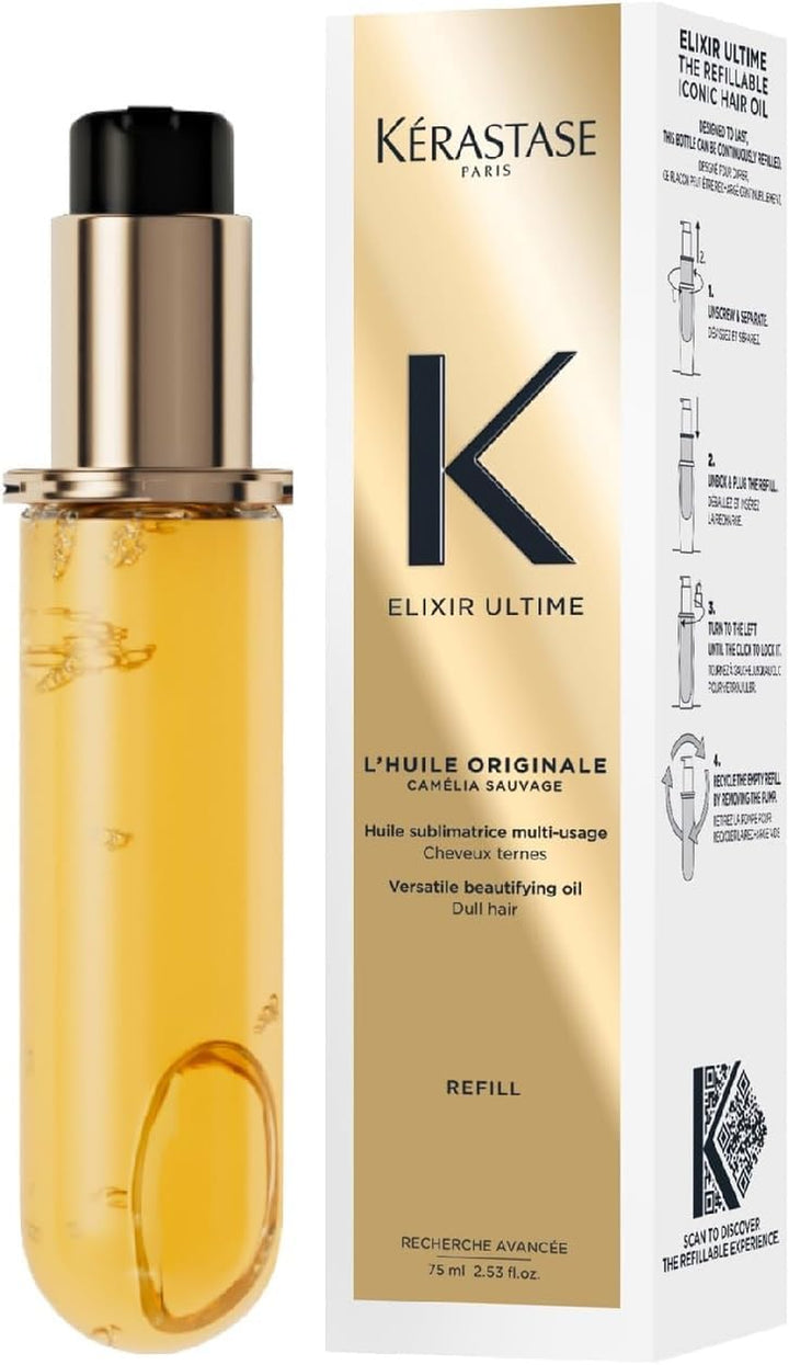 Kérastase Elixir Ultime Hair Oil, Nourishes Dull Hair, for All Hair Types, Strengthens and Protects Hair from Heat, with Argan and Camellia Oil, L'Huile Originale