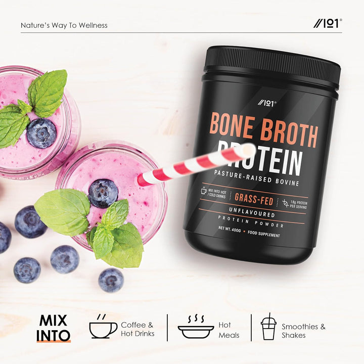 Bone Broth Beef Protein Powder - 400G - Unflavoured - 100% Grass-Fed & Pasture Raised Beef (20 Day Supply) by