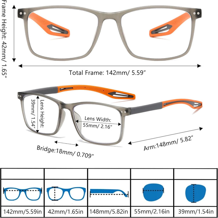 3 Pack Reading Glasses for Men Sporty Style Blue Light Blocking Square Frames Lightweight Comfortable Readers