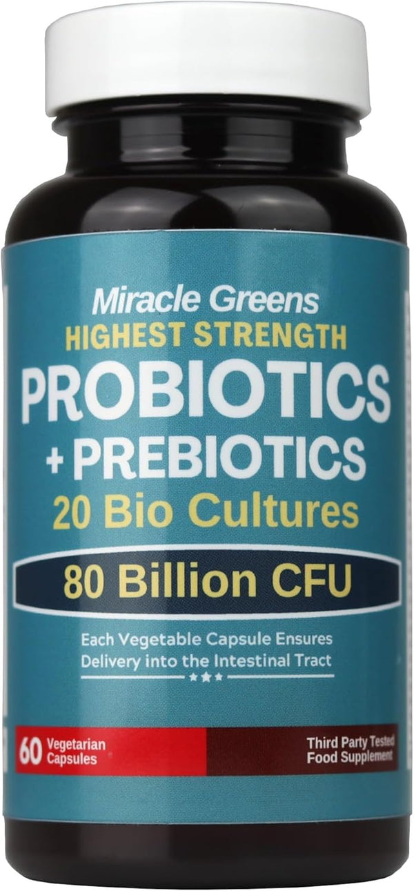 80 Billion CFU Probiotics - 20 Strains + Prebiotics | Lactobacillus and Bifidobacterium Strains | Probiotics for Women and Men | Made in the UK – 2 Month Supply