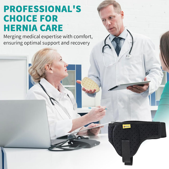 Hernia Belt Truss for Men and Women Left or Right Side Supportive Groin Pain with Removable Compression Pads for Pre or Post-Surgical, Femoral, Comfortable Adjustable (Black, L)