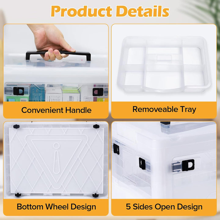 Extra Large Medicine Storage Box with Handles and Wheels, First Aid Box Clear Medicine Organiser with Removable Tray, Multipurpose Plastic Medication Storage Boxes