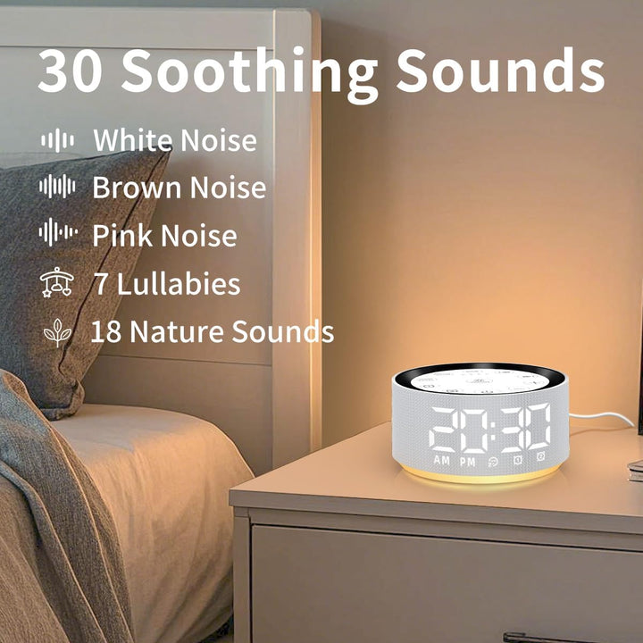 Sound Machine White Brown Noise Machine with 30 Sleeping Sounds for Baby Kids Adults Night Light Bedroom Alarm Clock 2 Alarms Backup Battery 32-Level Vol 15 Wake up Sounds for Mild Heavy Sleeper