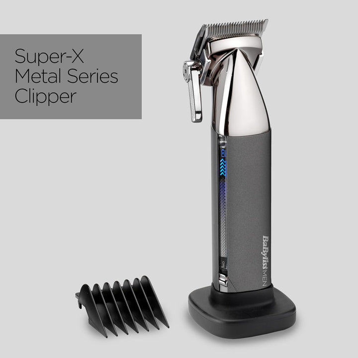 Super-X Metal Series, Cordless Hair Clipper - Japanese Steel Blades, 10 Comb Attachments, 2 Tapered Guides, Lithium Battery, Digital Display, Metal Body, Black, 7700U