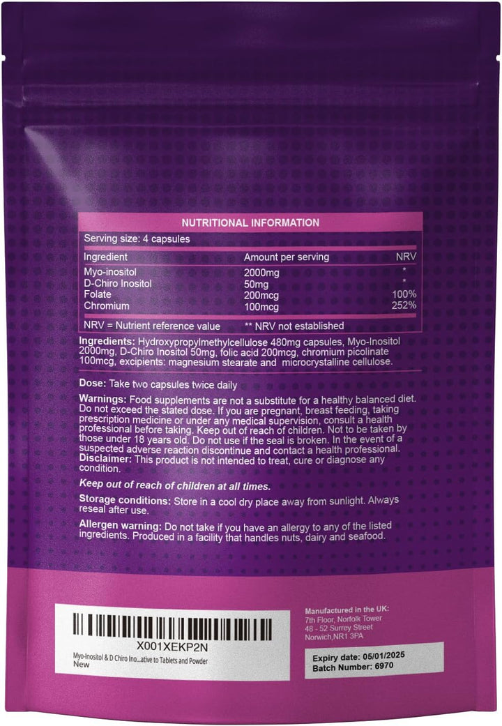 Myo Inositol & D Chiro Inositol - 120 Capsules | PCOS Supplement Supports Fertility, Weight Loss & Hormone Balance | Inositol 2000Mg, D- Chiro Inositol, Folic Acid, Chromium | Alternative to Tablets