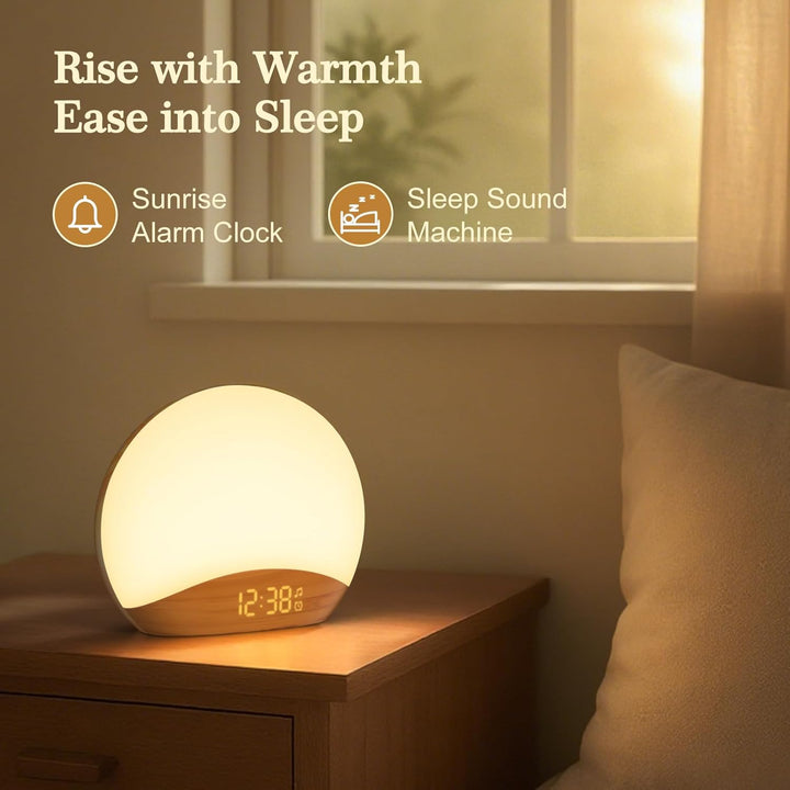 Wood Wake up Light Alarm Clock, Sunrise Simulation, Bedside Lamp, White Noise Machine, 8 Colors Nightlight, Digital Dimmable Clock, 26 Natural Sounds, Snooze, Sleep Timer for Kid, Adult