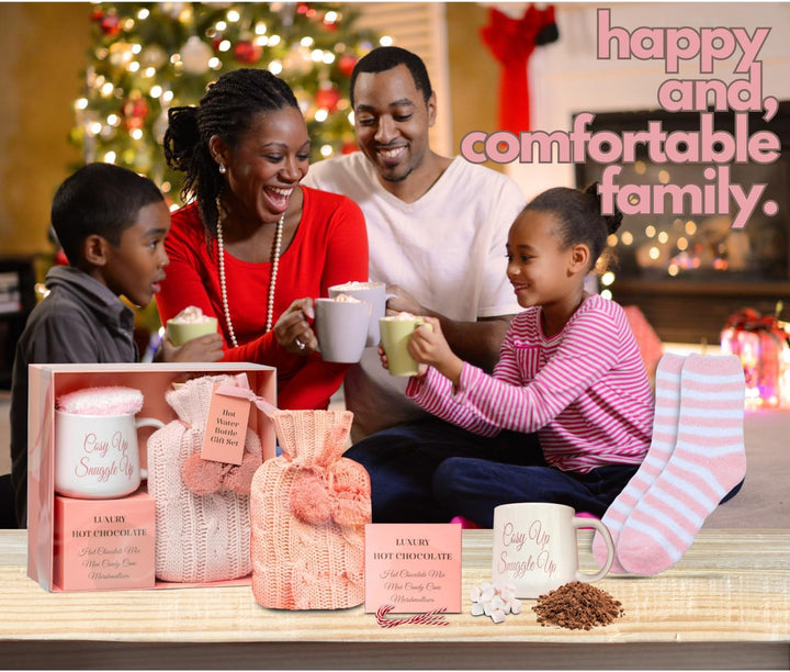 Hot Chocolate Gift Set with Mug | Small Hot Water Bottle with Cover | Fluffy Socks | Cosy Pink Ribbon Balls | Christmas Gifts for Women Her | Novelty Girls Ladies Xmas House Couple Home Mum Auntie (1)