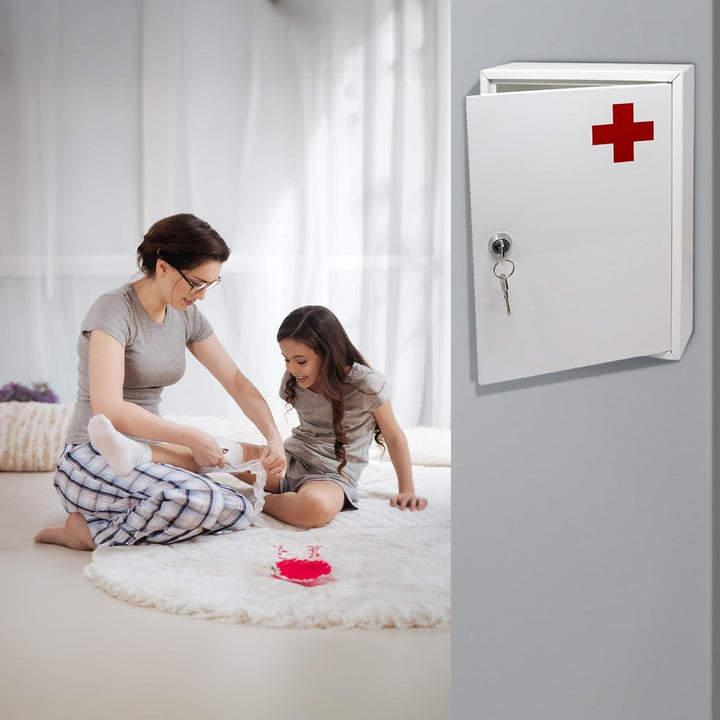 First Aid Medical Cabinet Safe Storage Box with Lock & Key - Use at Home, Bathroom, Office, School, Lab Medication Kit | Wall Mounted with Fixings Included | Lockable, Child Proof & Comes with 2 Keys