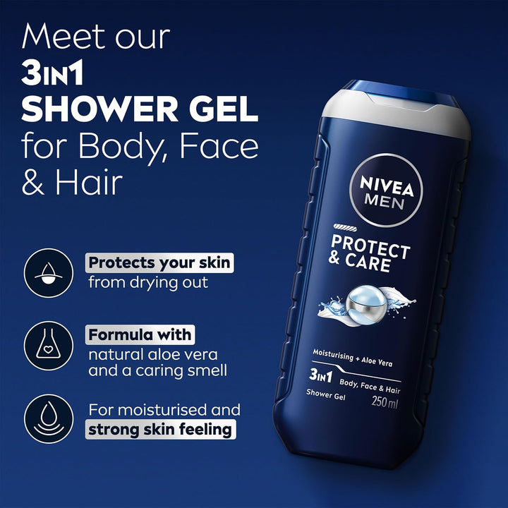 Protect & Care Shower Gel (250 Ml), Moisturising 3-In-1 Body Wash for Men with Aloe Vera, Energising  Shower Gel