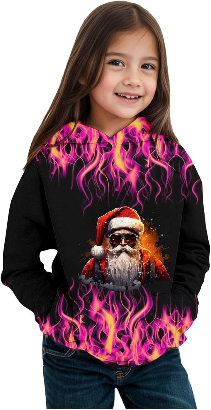 2025 Christmas Print Girls Hooded Sweatshirt Long Sleeve Pullover Top for Winter Holiday Festive Outfit Cozy Fleece Lined Soft Casual Wear