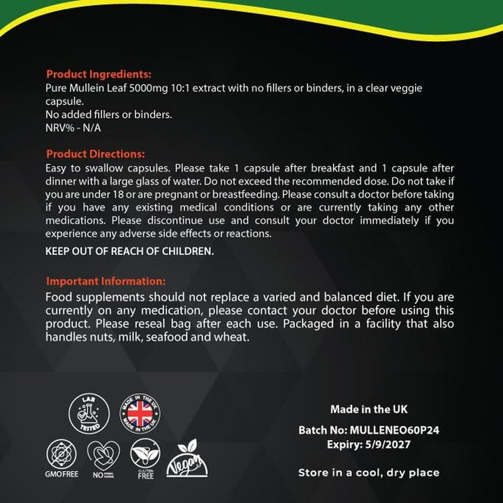 Mullein Leaf Extract for Lungs | High Strength 5000Mg Mullein 10:1 Extract, Lung Support & Respiratory Health | Detoxification Aid & Cleansing Support Supplement - 60 Capsules