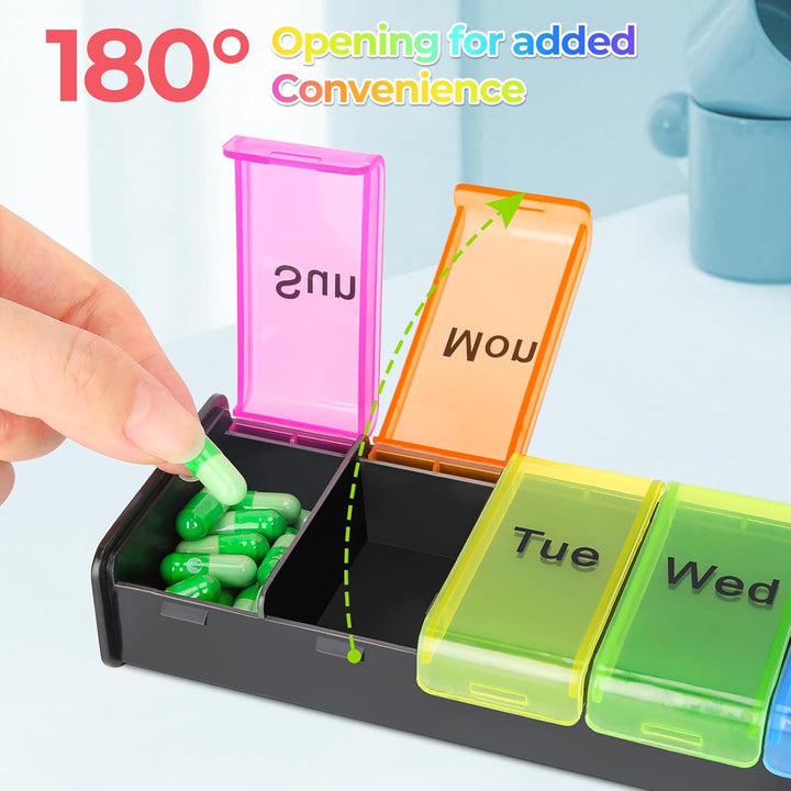 Pill Box 7 Day 1 Times a Day, Weekly Tablet Organiser, Travel Daily Pill Box Organiser 7 Day, Large Pillbox Tablet Box Portable Pill Case Tablet Dispenser for Travel Work, Black