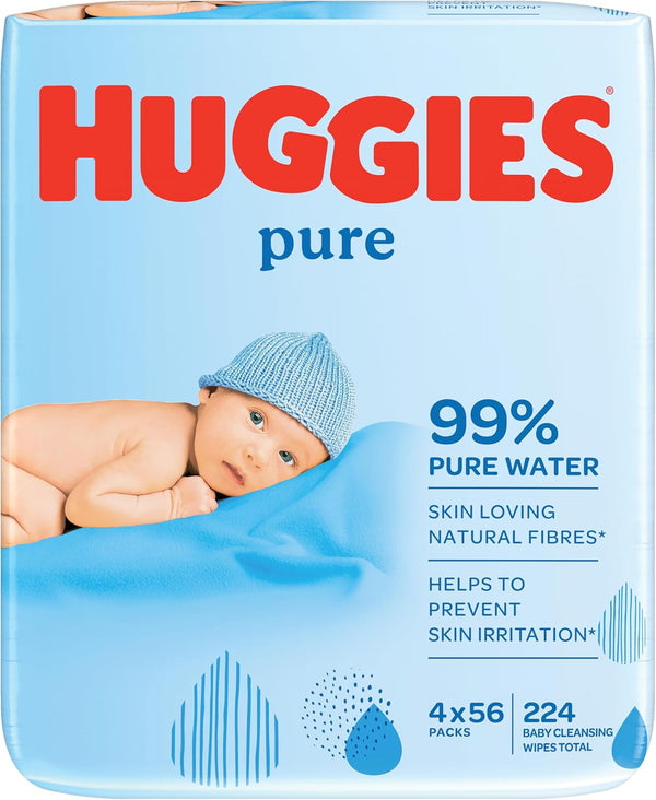Pure, Baby Wipes, 4 Packs (224 Wipes Total) - Natural Wet Wipes for Sensitive Skin - 99 Percent Pure Water - Fragrance Free to Clean and Protect