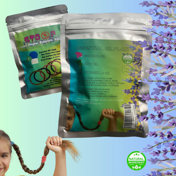 Hair Bobbles against Lice + Nit Comb | Pack of 20 with Zip Pocket | 100% Natural with Essential Oils | Helps Prevent Lice Naturally