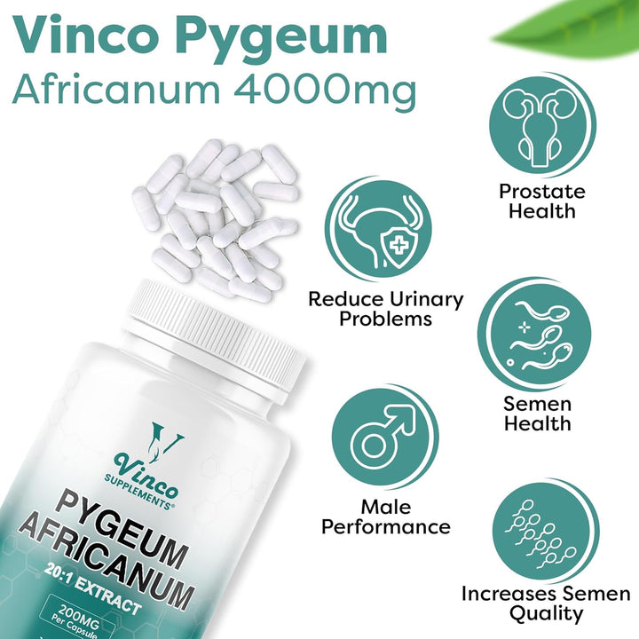 Vinco Pygeum Africanum 4,000Mg Equivalent - 200Mg of 20:1 Extract - 120 High Strength Capsules - 13% Phytosterols - Prostrate Health Supplement - Non-Gmo & Gluten Free – Made in UK