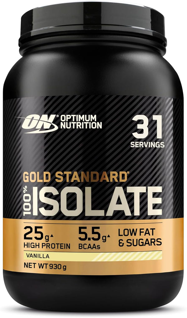 on Gold Standard 100% Isolate Pure Whey Protein, Naturally Occurring Bcaas and Glutamine, Pre and Post Workout, Vanilla Flavour, 31 Servings, 930 G