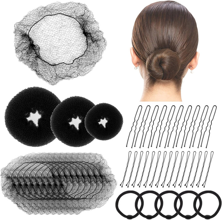 Hair Bun Net, 68PCS Easy Hair Styling Tools- Include Ballet Hair Nets, Hair Doughnut, U Shaped Hair Pins, Bobby Pins and Hair Bands, Hair Bun Maker, Brown Bun Rings for Women Girls Hair Accessories