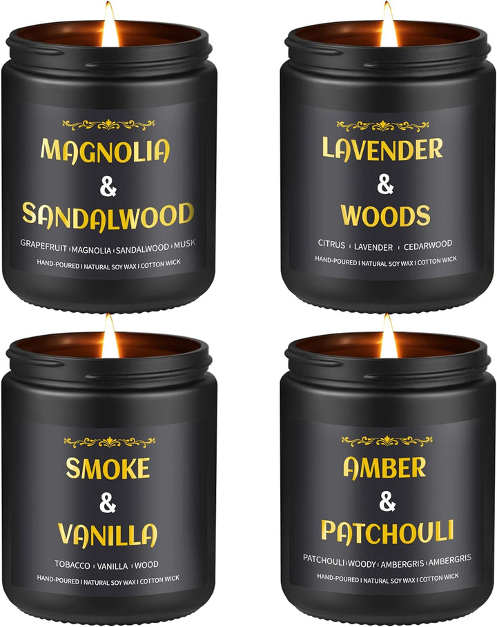 Scented Candles for Men, 4 Pack Mens Candle Set, Soy Candles for Home Scented, Masculine Candle for Him, 28Oz, 200 Hours Burning Time Aromatherapy Candles of Lavender/Eucalyptus/Leather/Oak