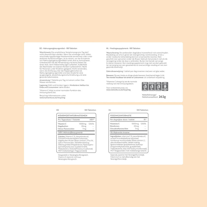 Vitamin C 1000Mg – 180 Premium Vegan & Vegetarian Tablets – 6 Month Supply – High Strength Ascorbic Acid – with Added Bioflavonoids & Rosehip – Normal Immune System – Made in the UK