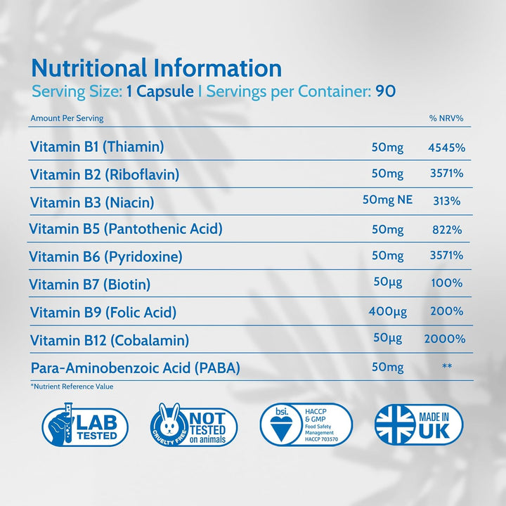 Vitamin B Complex B-50 90 Capsules, 3 Months Supply, High Potency Vegan B-Complex with PABA | Support Cognitive Functions, Energy, Tiredness & Fatigue | Made in UK (Not Tablets)
