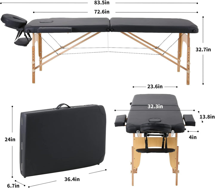2 Sections Portable Massage Bed Wooden Legs Adjustable Height Folding Tattoo Table (Black)