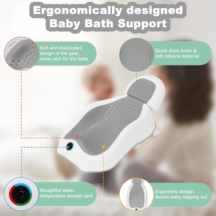 Baby Bath Support | Newborn Bathtub with Thermometer,Ideal for Babies Less than 6 Months Old Collapsible Bathtub-2 Position, Baby Tubs for Newborn Essentials Must Haves (Gray)